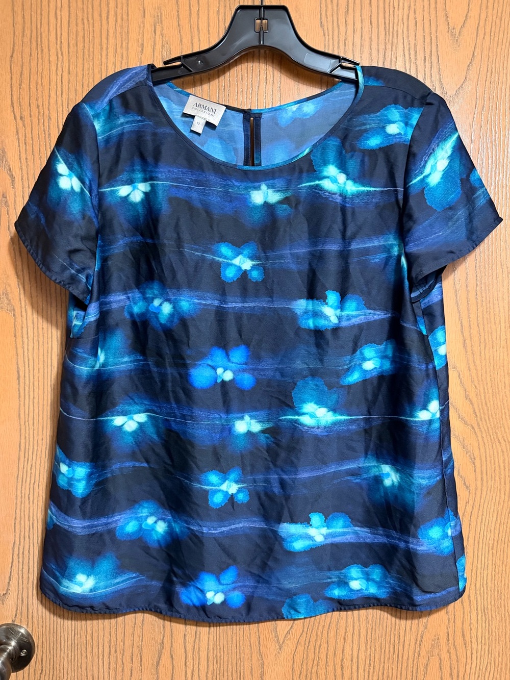 EUC Armani Collezioni Blouse in Navy Blue Floral with Short Sleeves